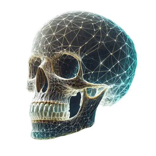 3D rendered human skull with digital wireframe mesh, representing 3DX dental and maxillofacial radiology imaging